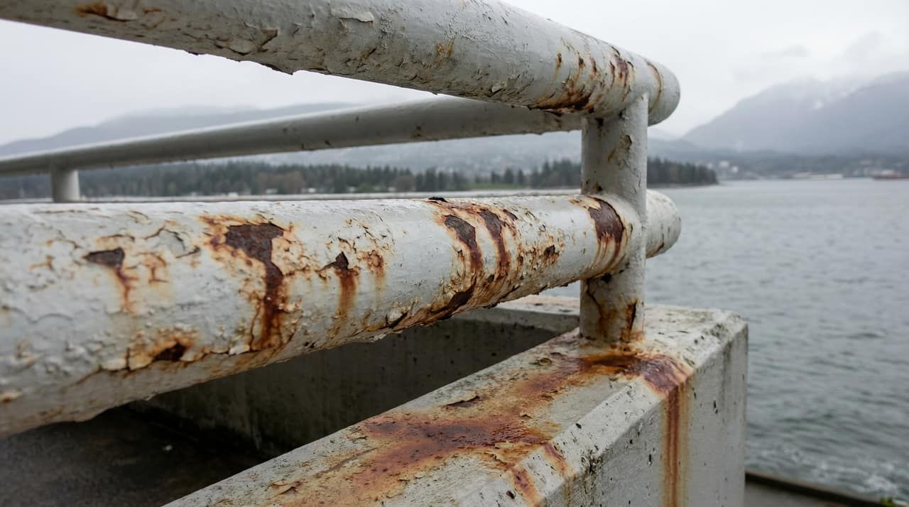 A failing painted steel railing on a North Vancouver oceanfront balcony with rust streaks