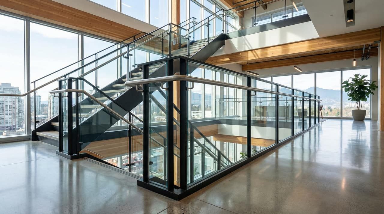 Custom glass and steel railing in a commercial building with polished concrete floors and exposed timber structure