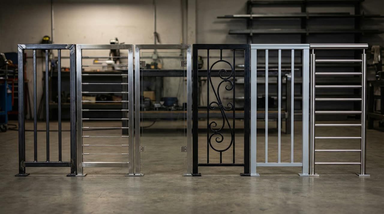 Different railing infill types including steel pickets, cable, glass, and ornamental iron displayed in a fabrication shop