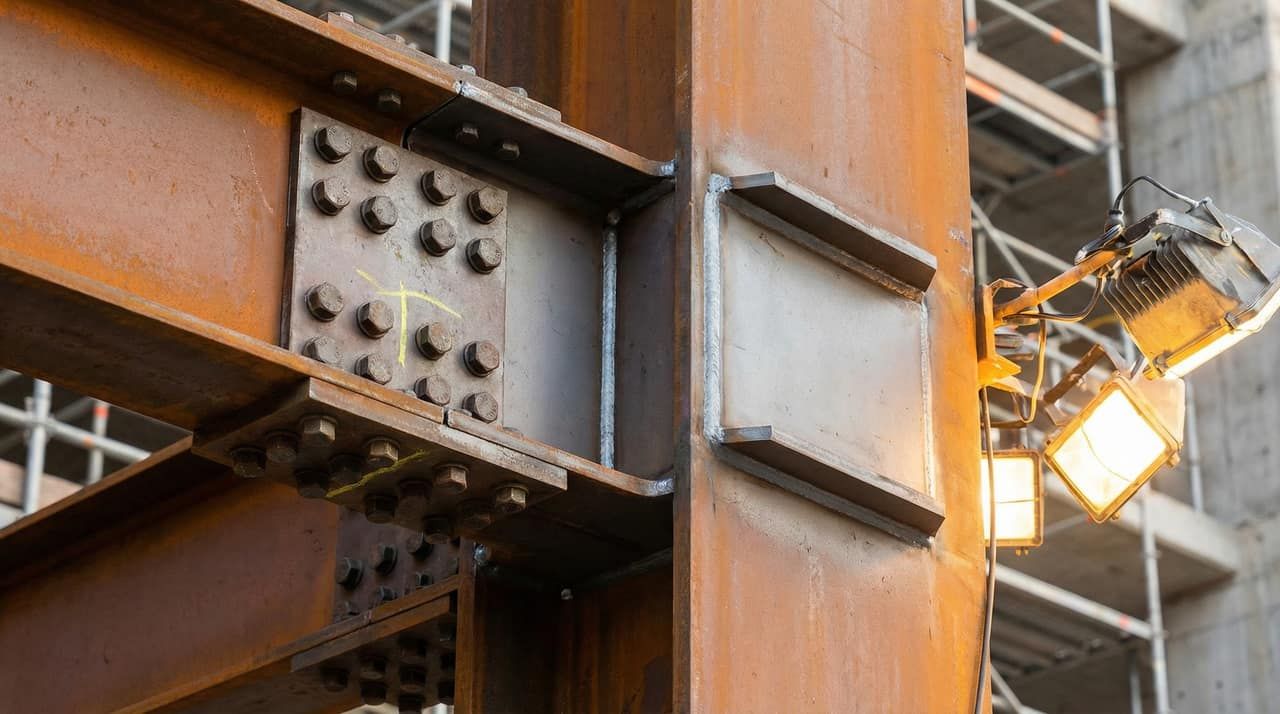 Close-up of a structural steel moment connection with bolted flange plates and stiffener plates