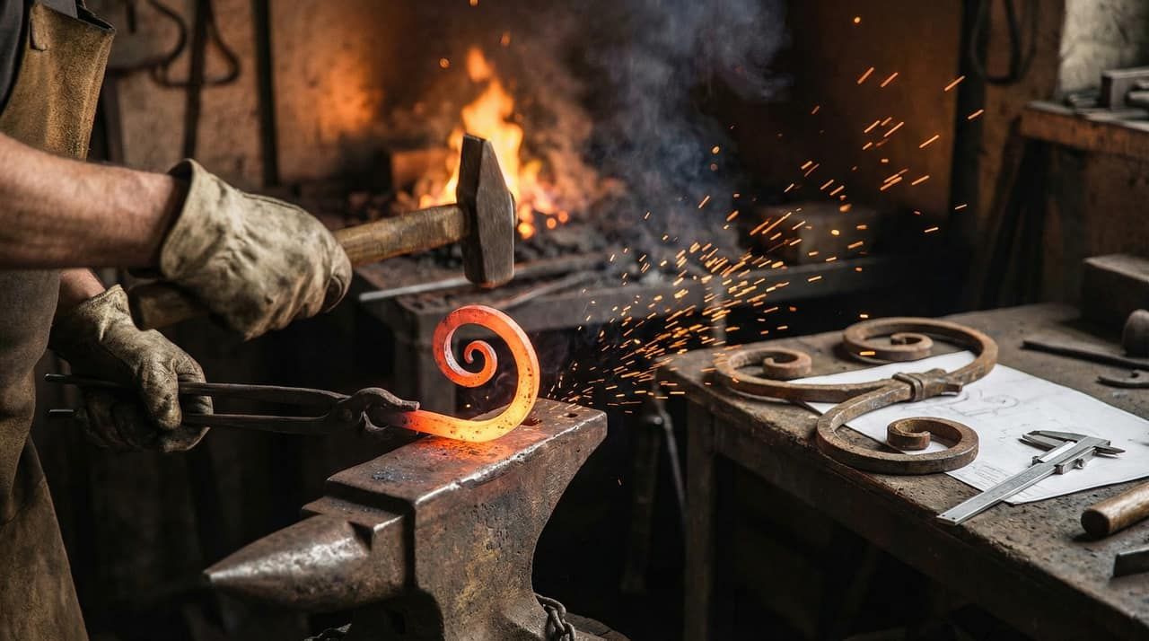 Blacksmith forging a replacement scroll element on an anvil with the original heritage piece beside it for matching