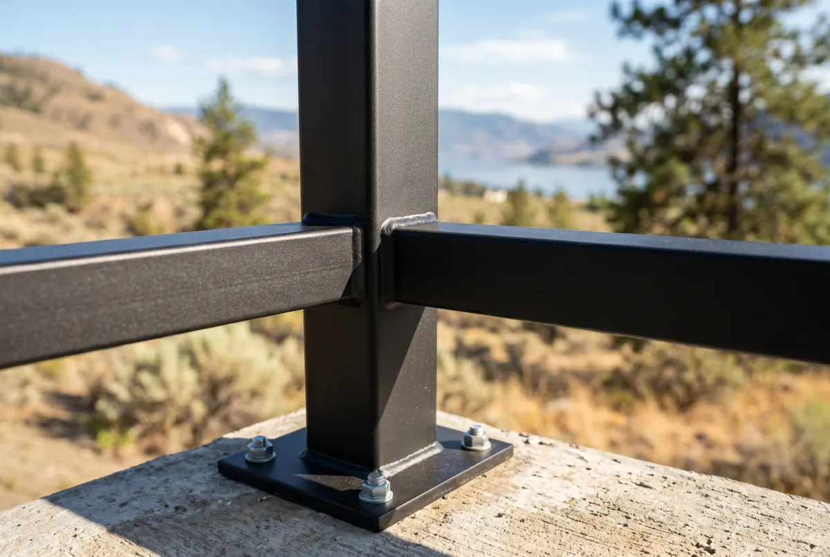 Detail of a matte black powder-coated steel railing post and weld at the base plate under bright Okanagan-region sun