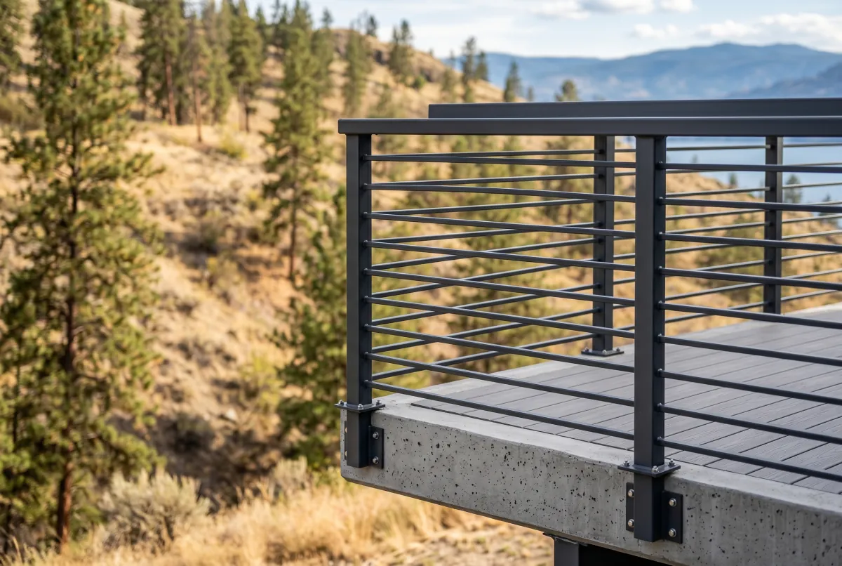 Detail of a modern non-combustible horizontal steel deck guardrail on a Kelowna hillside home, dry pine slope behind