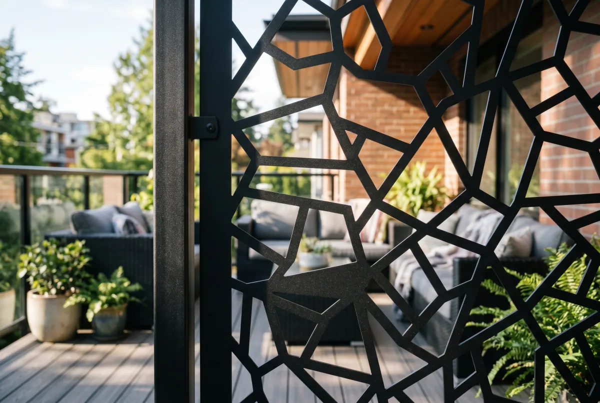 Close-up of a matte-black laser-cut steel privacy screen showing the crisp cut edges and dappled sunlight passing through