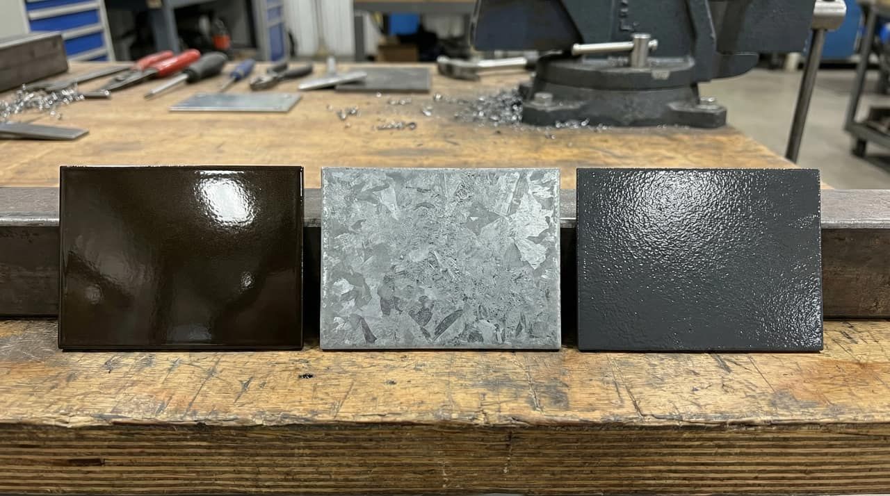Three metal finish samples side by side on a workshop surface showing powder coat, galvanized zinc, and wet paint textures