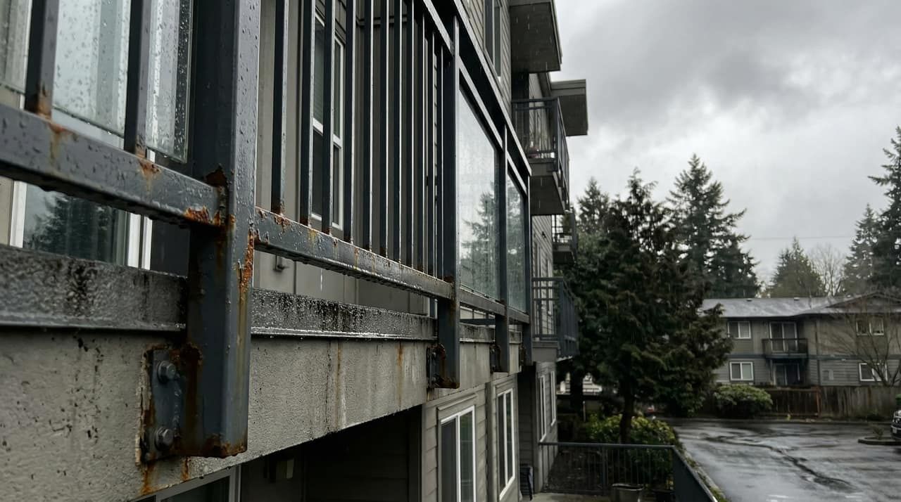 Rust bleeding through failed paint coating on an exterior balcony railing in rainy weather