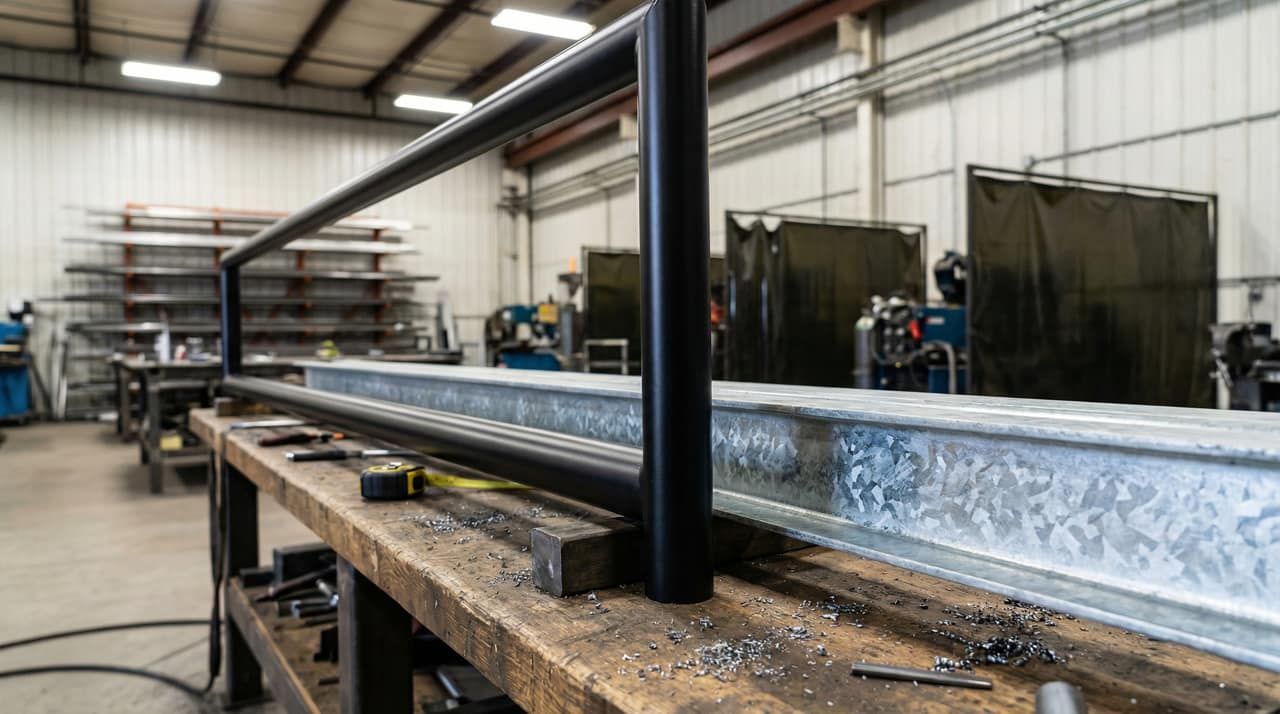 Powder-coated steel railing section beside a hot-dip galvanized beam on a fabrication shop workbench