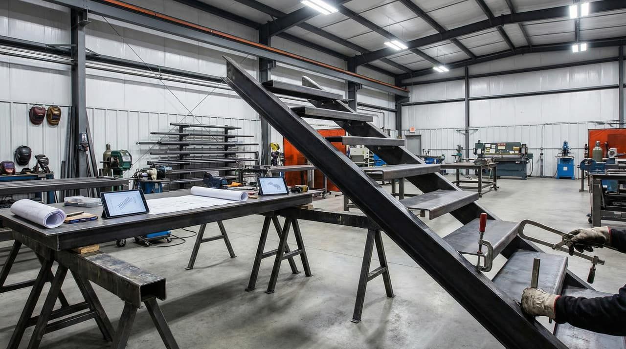 Steel staircase under fabrication in a professional metal shop with shop drawings visible on the workbench