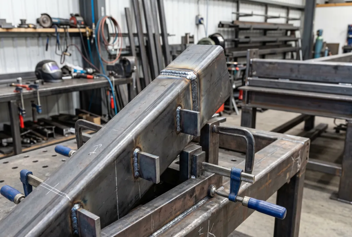 A steel mono stringer clamped in a fabrication jig with fresh weld beads at the tread-bracket connections, inside the Burnaby shop