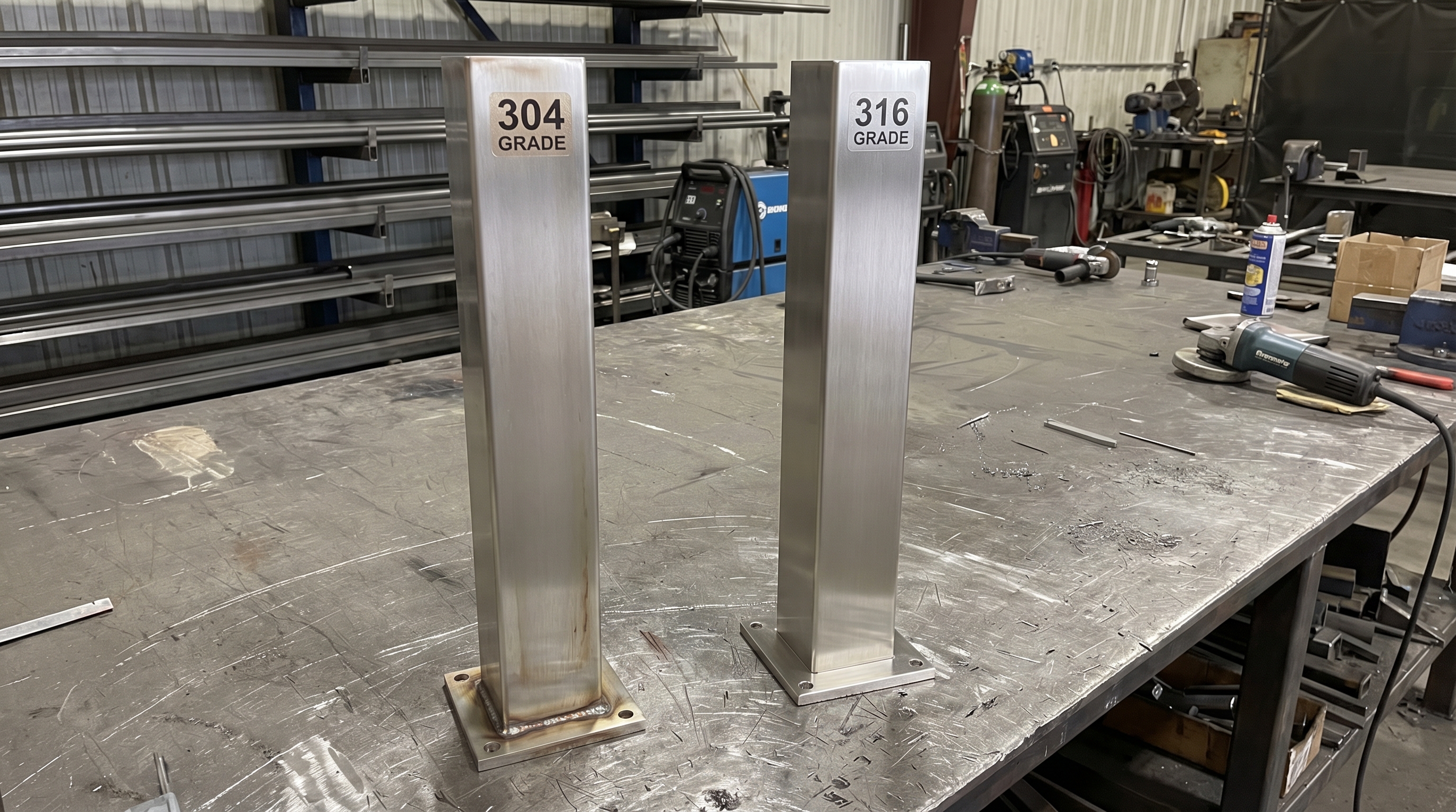 Two stainless steel railing post samples, 304 grade and 316 grade, side by side on a fabrication shop bench, with the 304 showing faint tea staining near the base plate