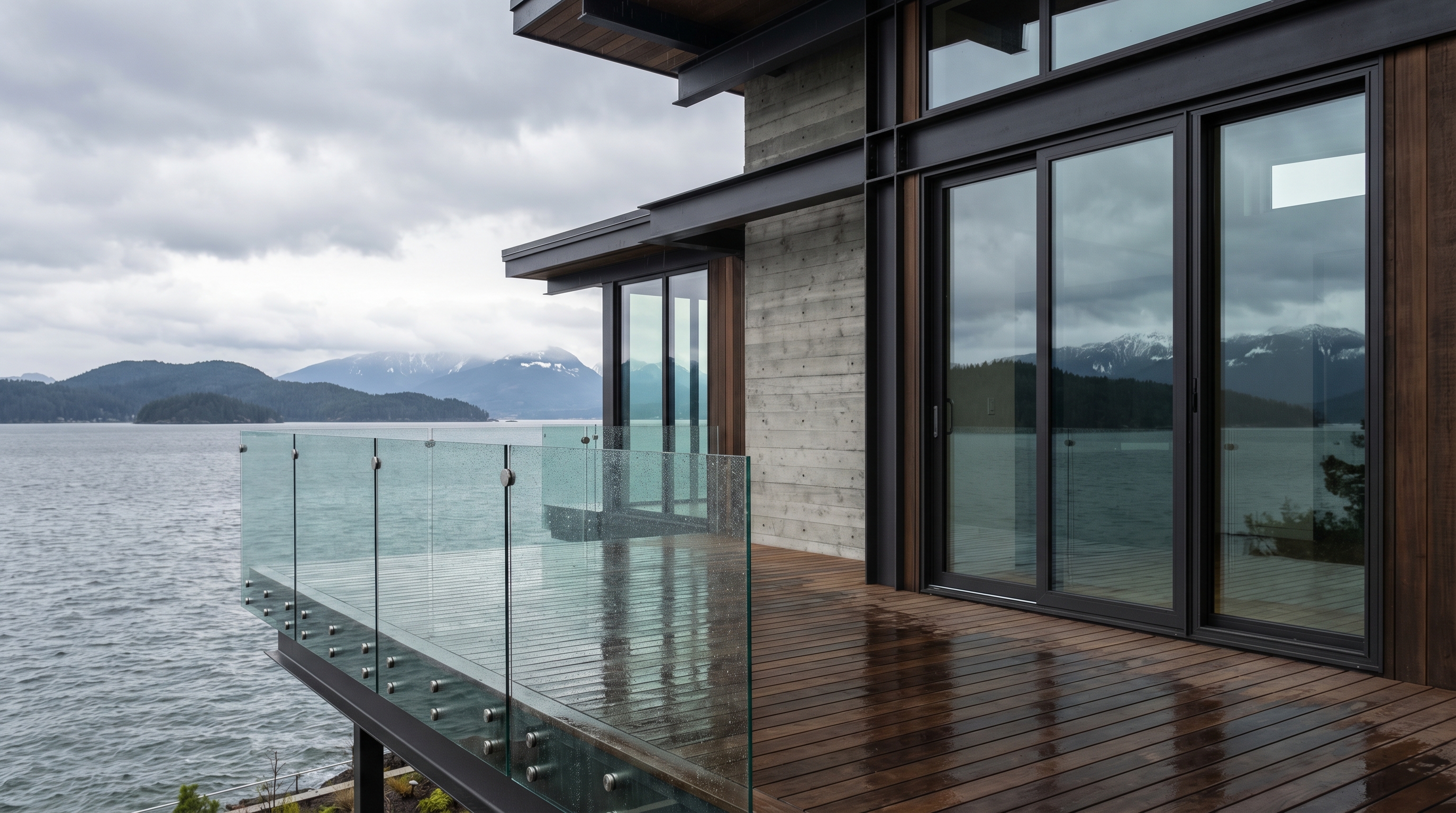 Modern waterfront deck with stainless steel and glass railing overlooking mountains and ocean on a wet day in the Pacific Northwest