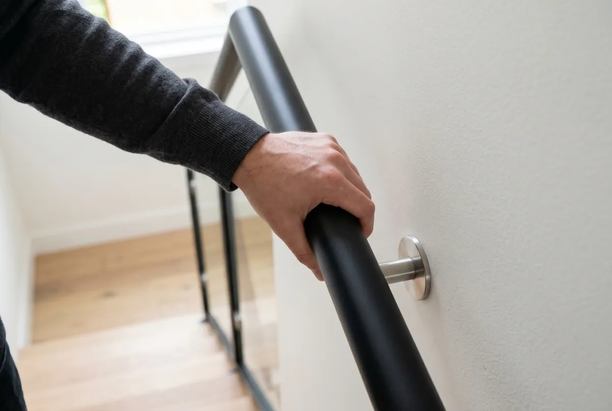 Close-up of a hand grasping a round black steel handrail with proper clearance from the wall in a Vancouver home stairwell