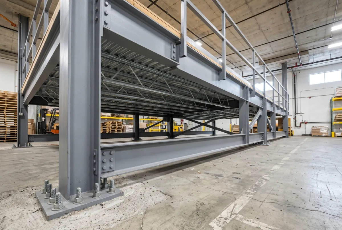 Underside view of a steel mezzanine showing the beam-and-column grid and a column baseplate bolted to a Coquitlam warehouse floor