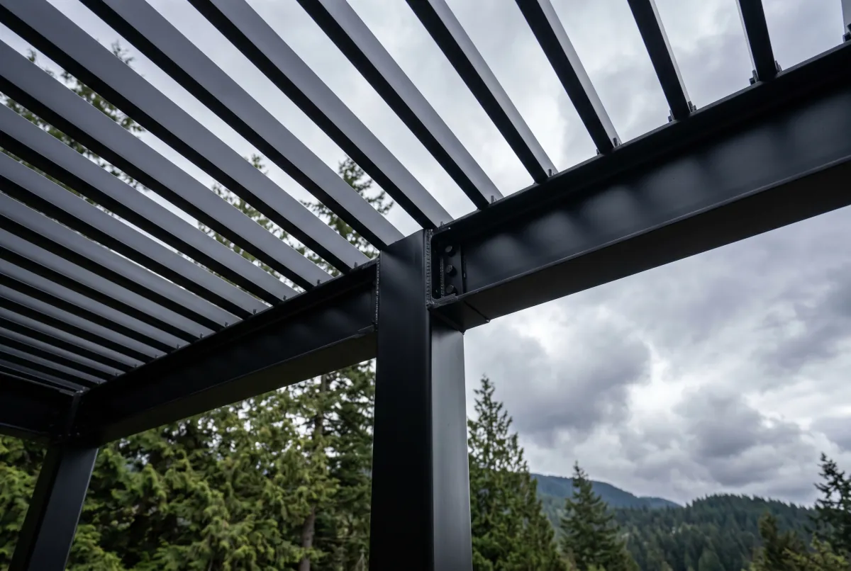 Looking up at the underside of a modern black steel pergola showing slatted roof beams and a welded post-to-beam connection on the North Shore
