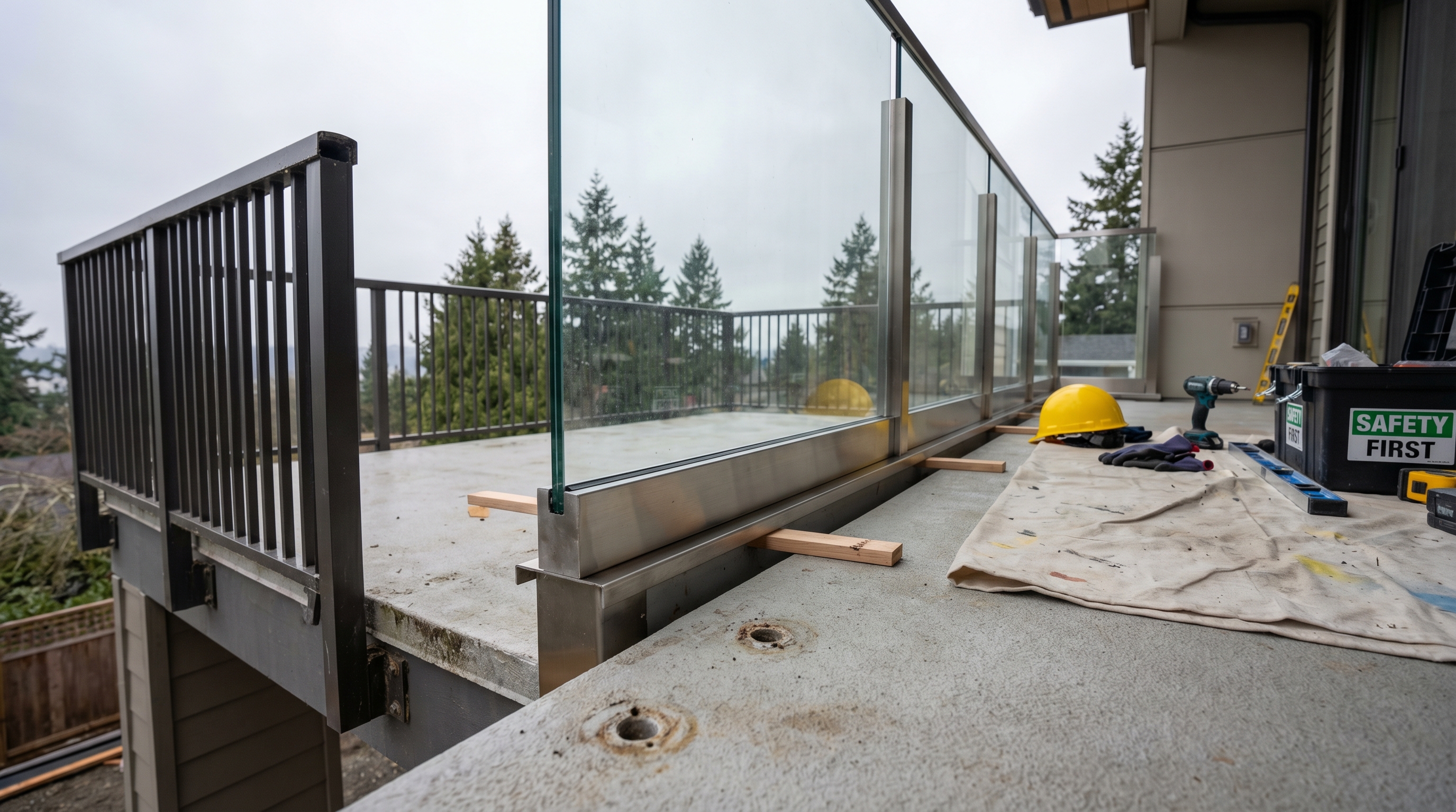 New glass and stainless steel balcony railing being installed on a concrete condo balcony with old railing removed