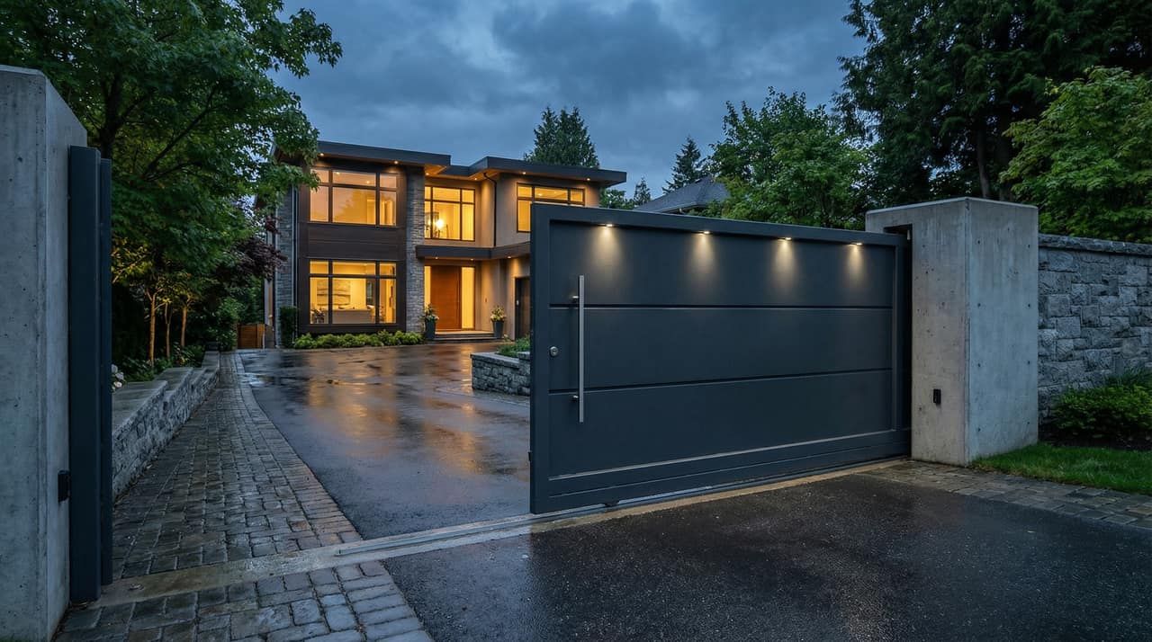 Modern automated steel driveway gate at a Vancouver West Side home at dusk