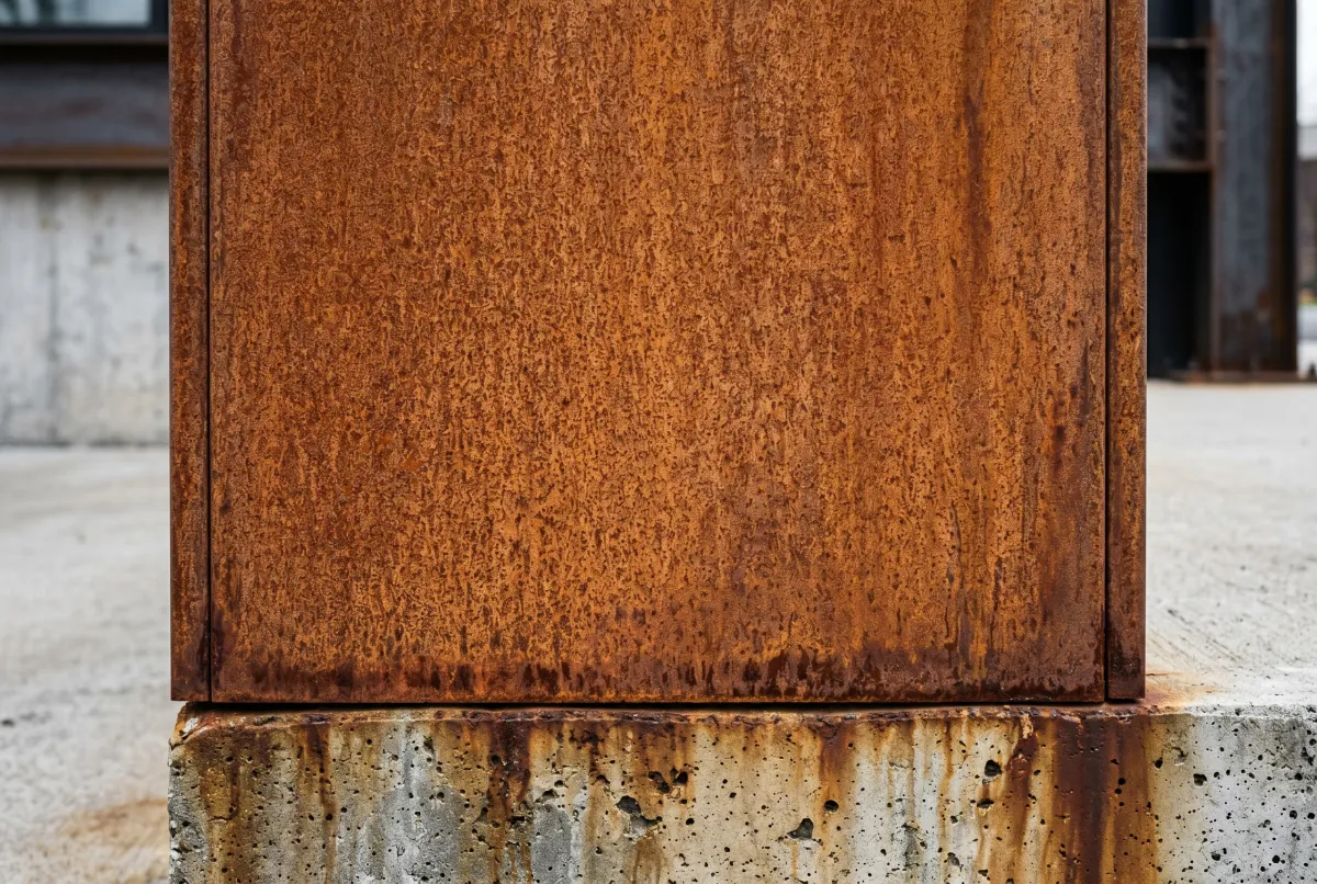 Close-up of weathering steel Corten panel showing orange-brown patina texture with rust runoff staining at the concrete base