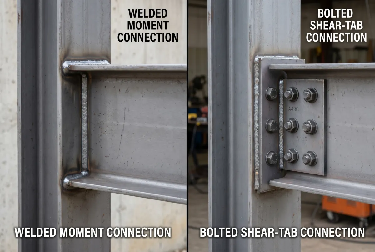 Side-by-side comparison of a welded moment connection and a bolted shear-tab connection on grey structural steel