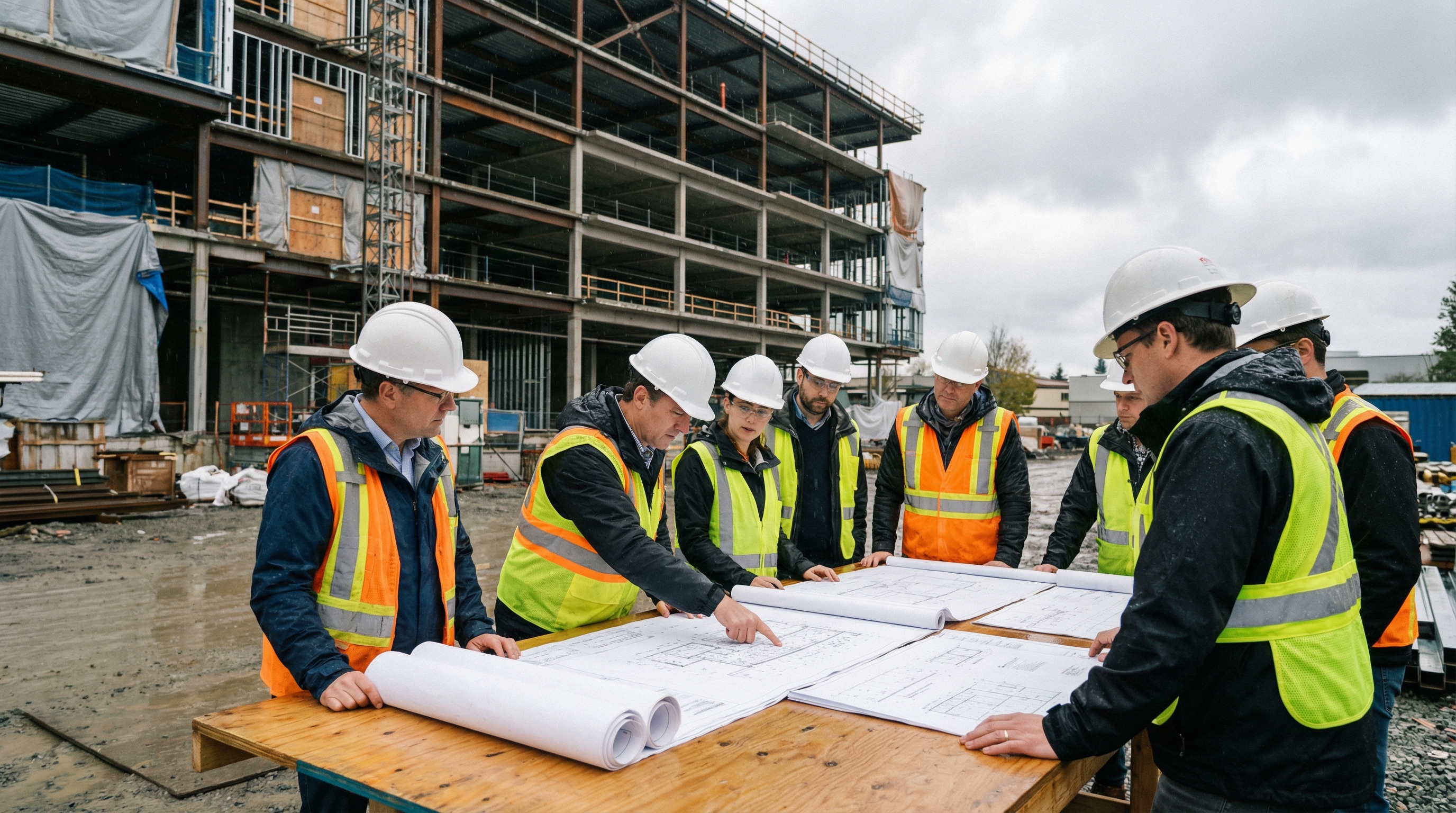Architects and general contractors in hard hats and high-visibility vests reviewing structural steel shop drawings on a Vancouver construction site, fabricated by Jeff and Simon Ironworks