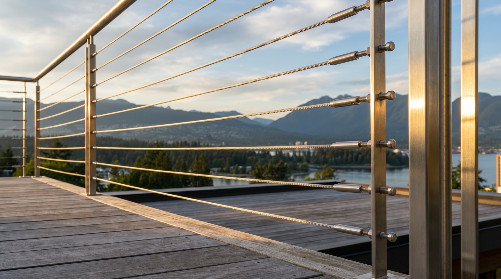 Stainless steel horizontal cable railing on a Vancouver deck overlooking the North Shore mountains, with brushed 316 stainless posts and tensioned cables, fabricated by Jeff and Simon Ironworks