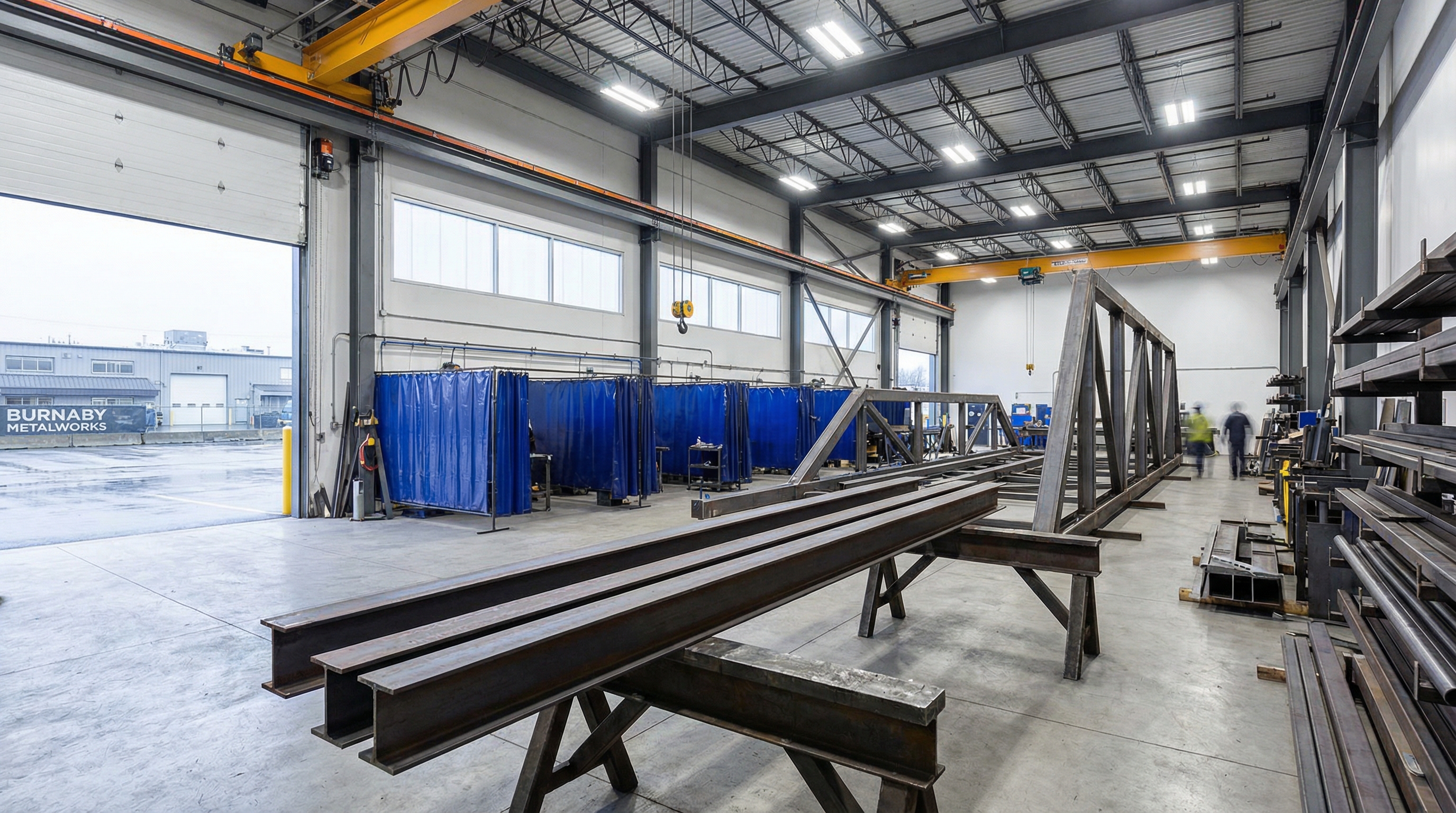Jeff and Simon Ironworks custom metal fabrication shop interior in Burnaby BC with structural steel beams on sawhorses, welding stations, and overhead crane