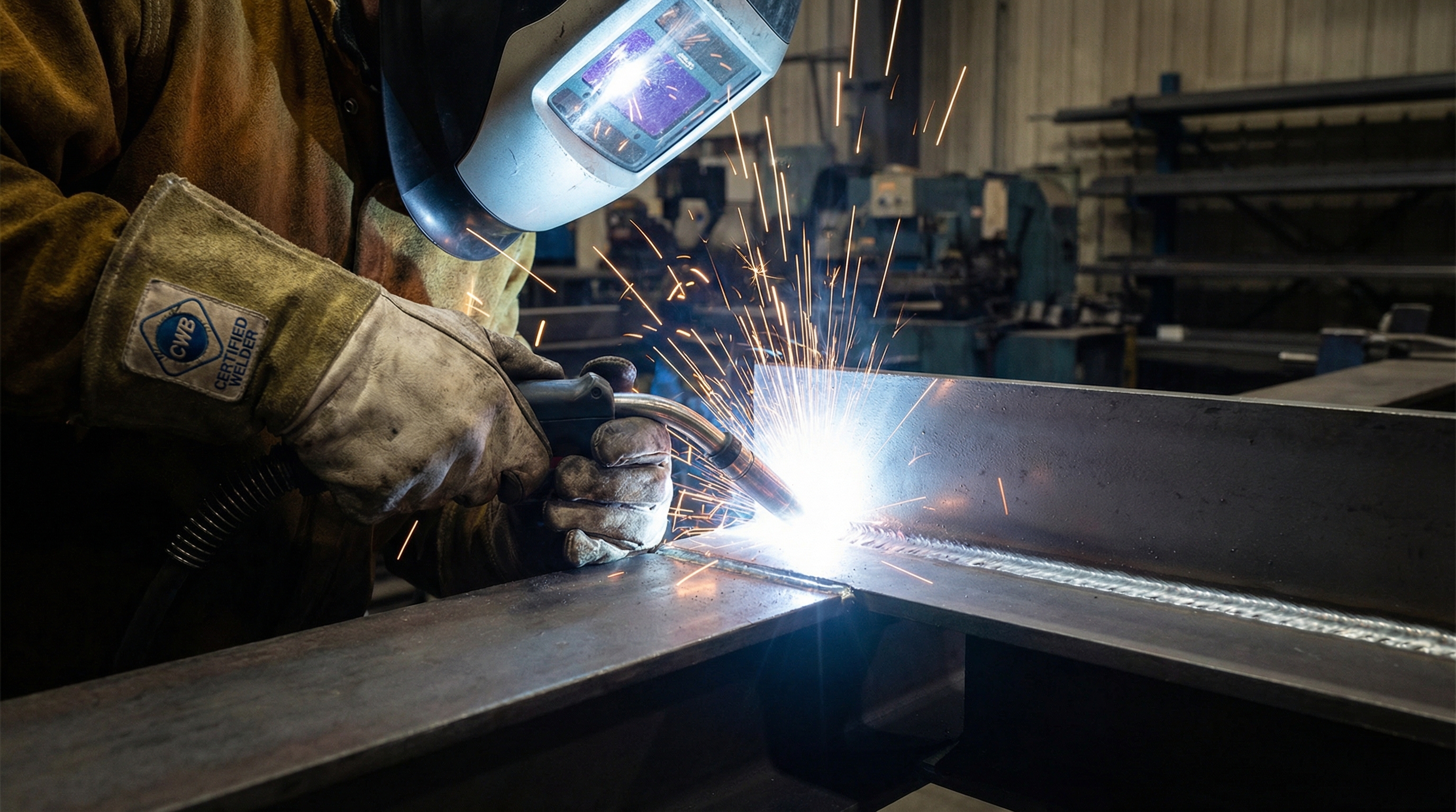 CWB-certified welder performing MIG welding on structural steel in a professional fabrication shop, sparks flying and precise weld bead visible