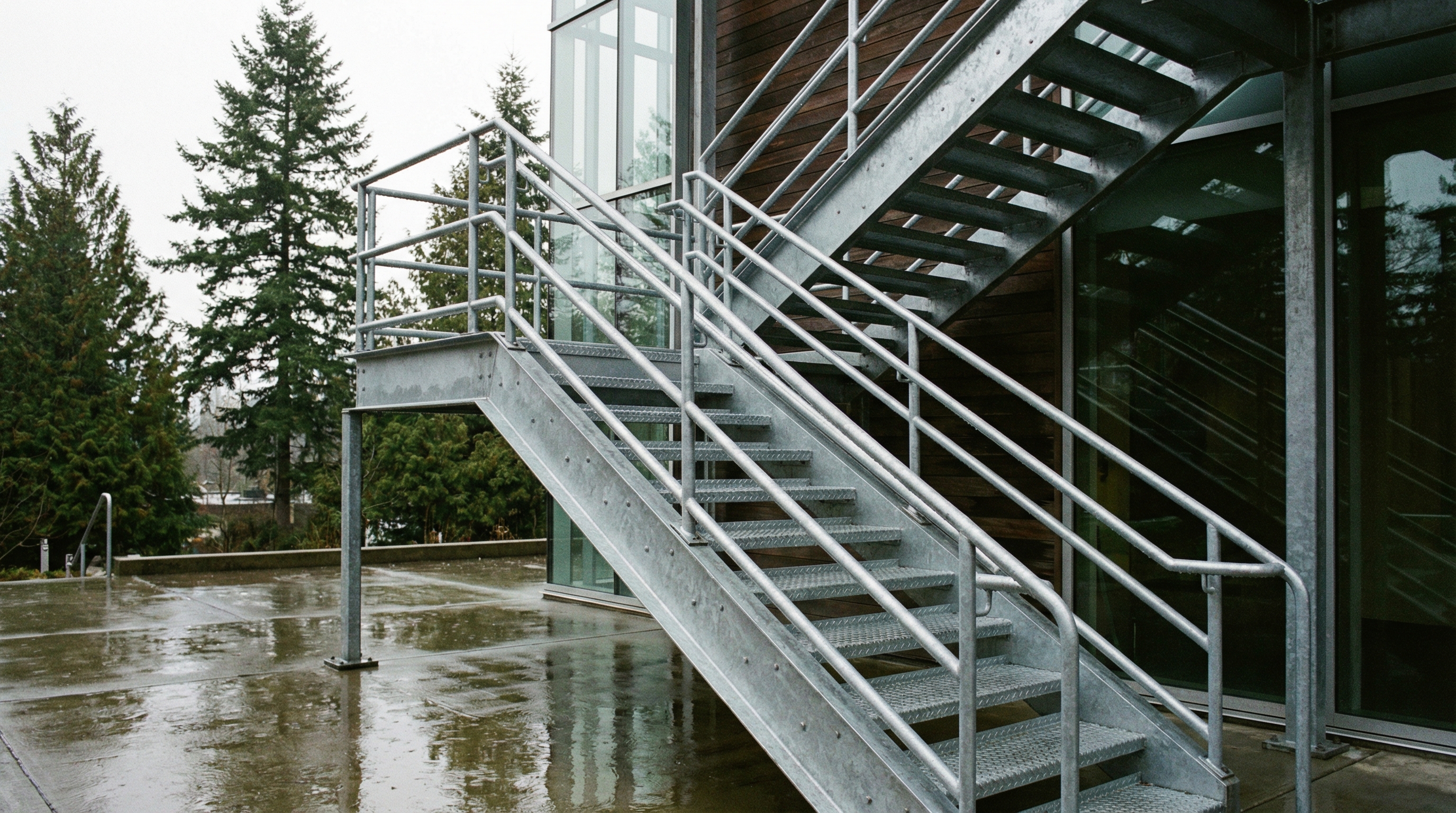 Hot-dip galvanized exterior steel staircase with checker plate treads and galvanized handrails mounted to a modern Vancouver institutional building, wet pavement and Pacific Northwest overcast sky