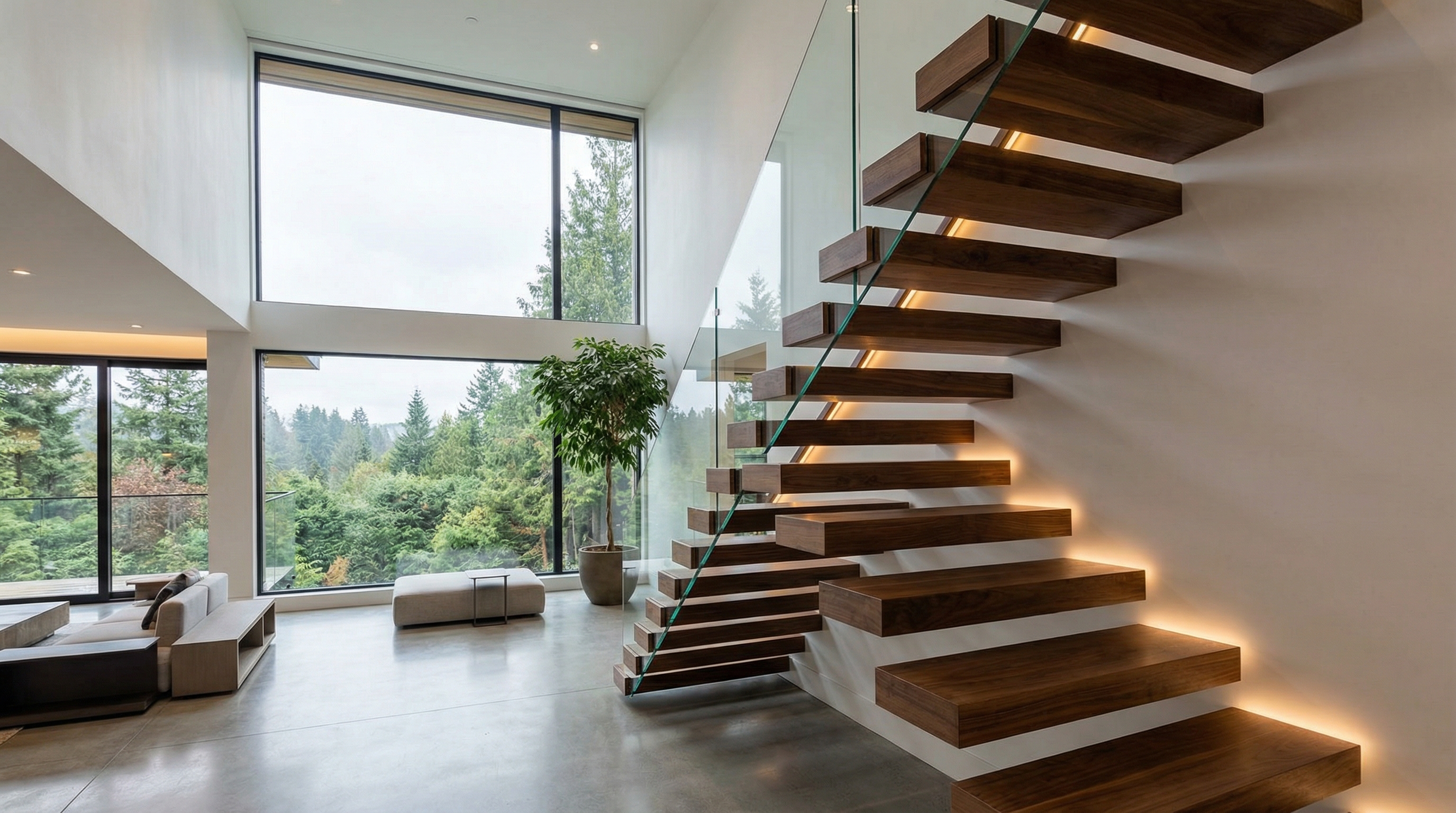 Cantilevered floating staircase with solid walnut treads projecting from a white wall with frameless glass railing in a high-end Vancouver home, fabricated by Jeff and Simon Ironworks