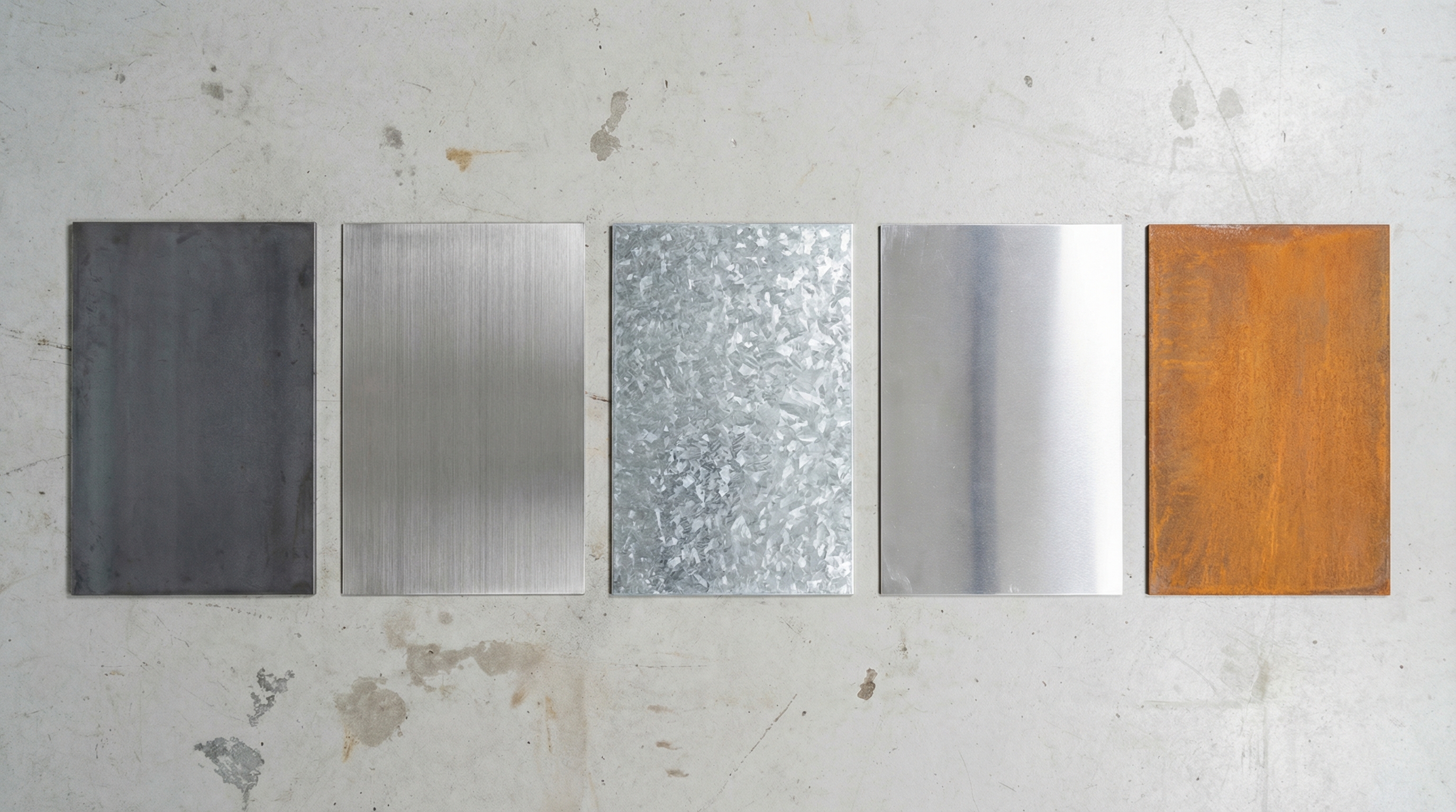 Metal fabrication material samples including mild steel, brushed stainless, hot-dip galvanized steel, polished aluminum, and weathering Cor-Ten steel laid out for comparison