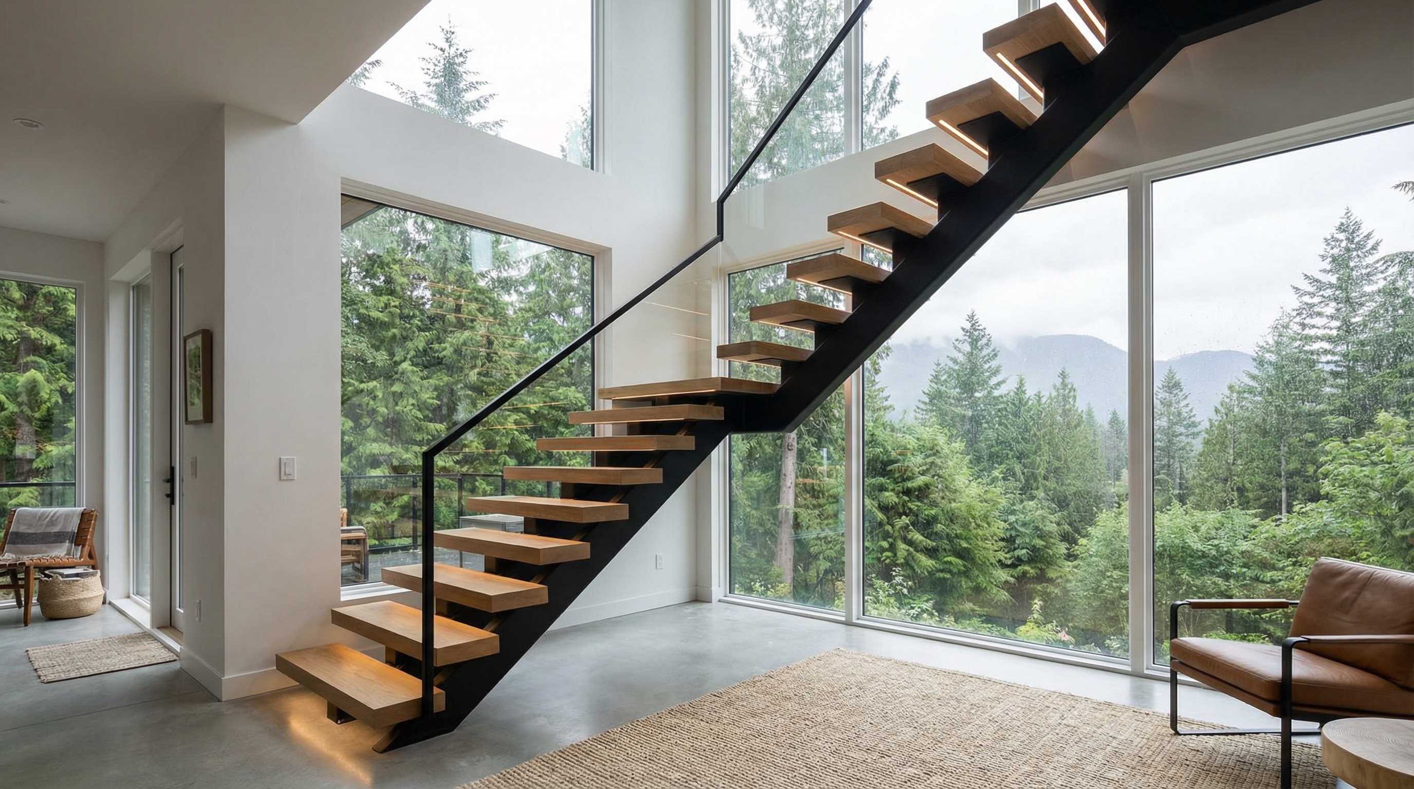 Modern mono stringer steel staircase with white oak treads in a luxury Vancouver home with Pacific Northwest forest views, fabricated by Jeff and Simon Ironworks