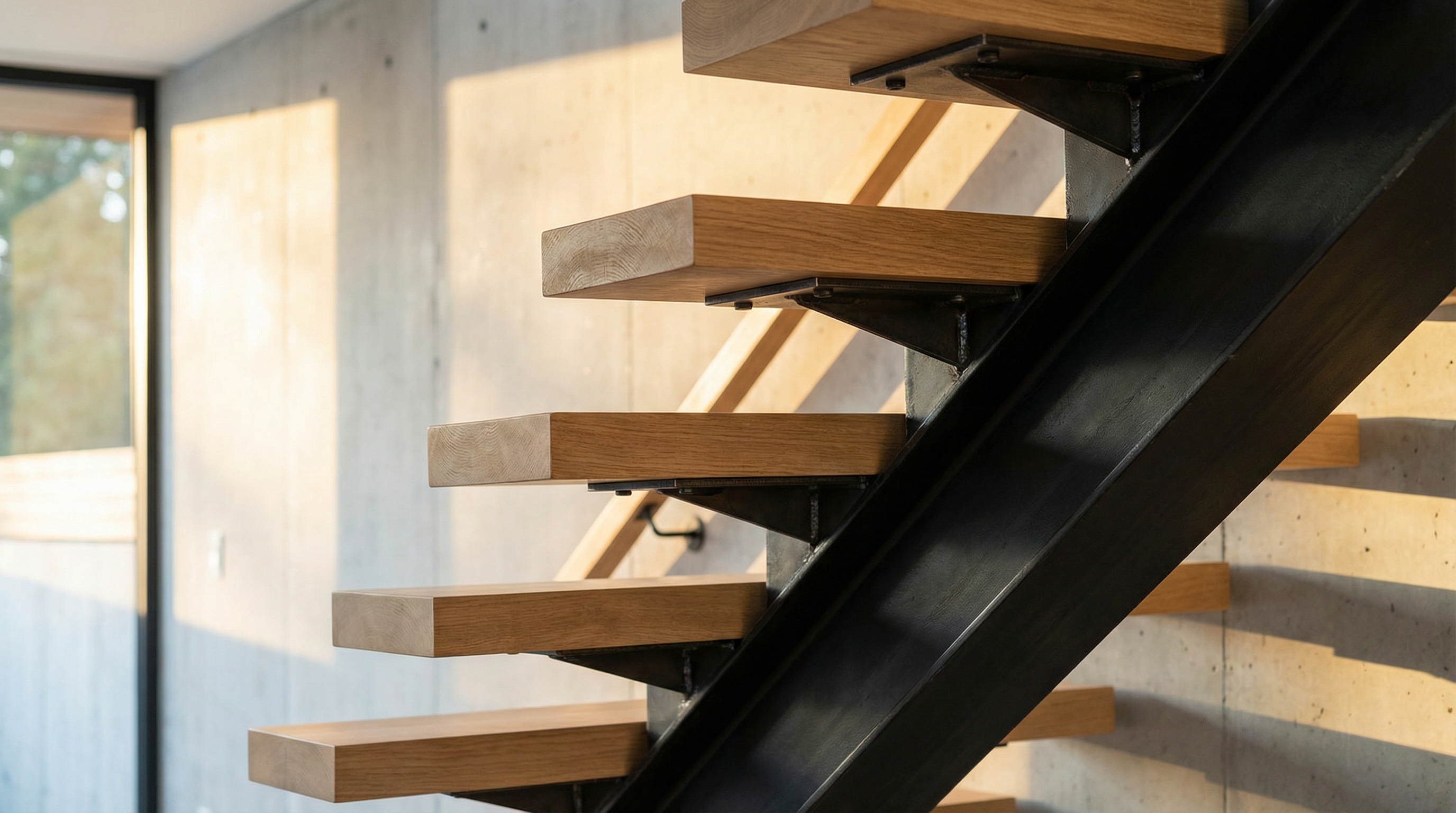 Close-up side view of a mono stringer steel staircase with solid white oak treads cantilevering off a single central black steel beam, fabricated by Jeff and Simon Ironworks
