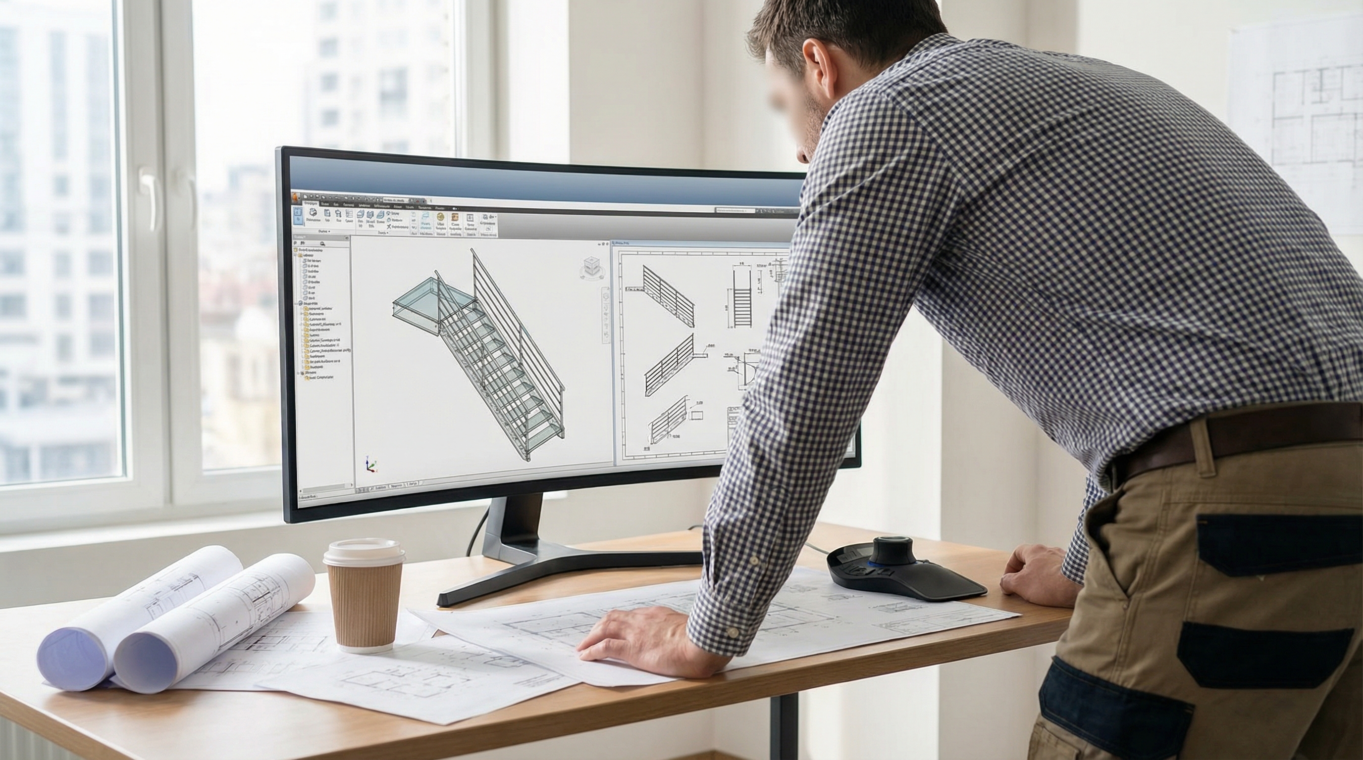 Drafter reviewing 3D shop drawings of a custom steel staircase on a CAD workstation with blueprints on desk, from the Jeff and Simon Ironworks fabrication process