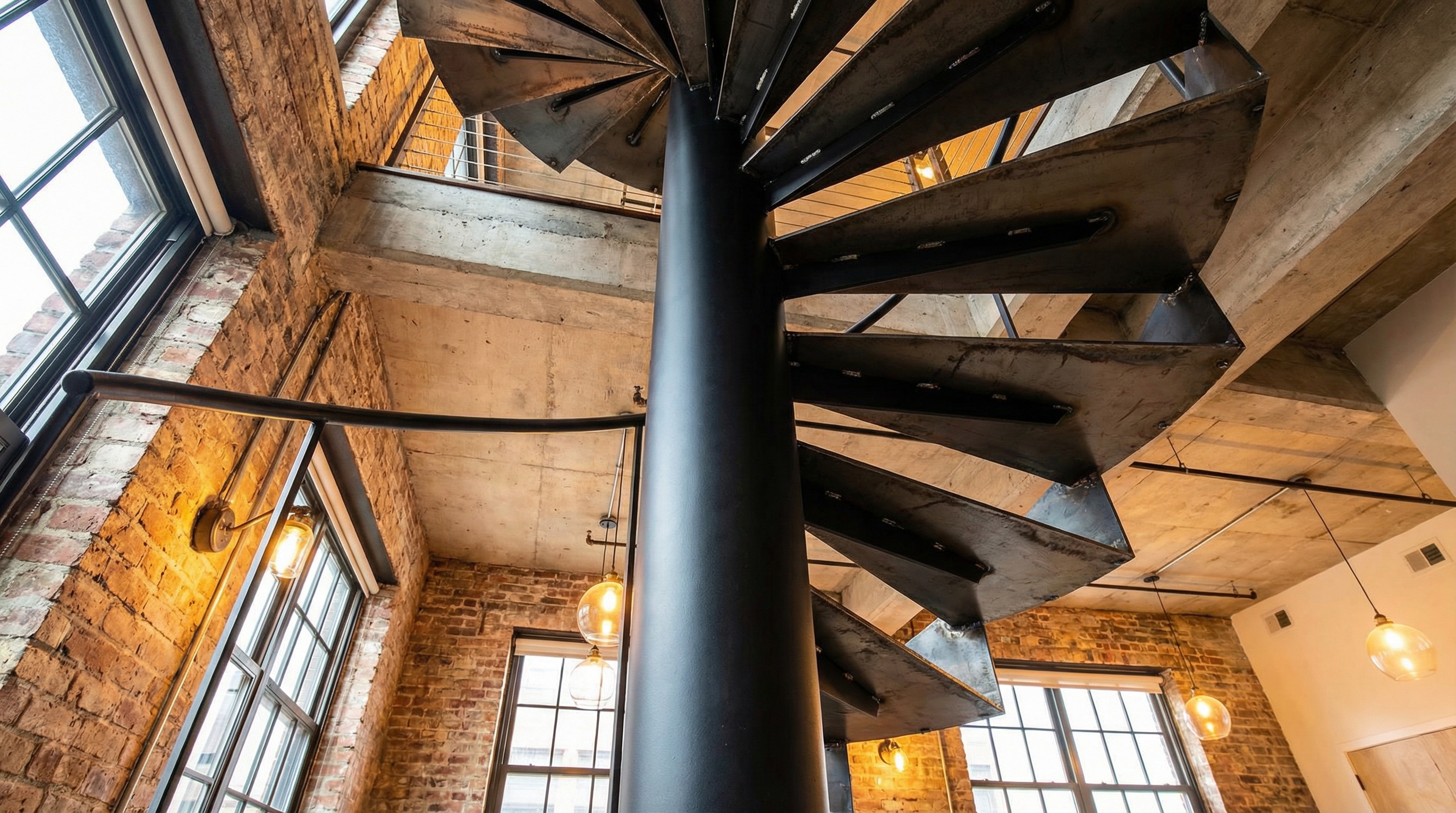 Matte black welded steel spiral staircase with sculptural wedge treads in a modern Vancouver loft with exposed brick and concrete, viewed from below, fabricated by Jeff and Simon Ironworks